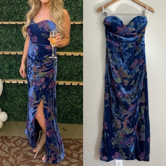 Exquisite Blue Floral Burnout Velvet Strapless Maxi Dress - Picture 1 of 10